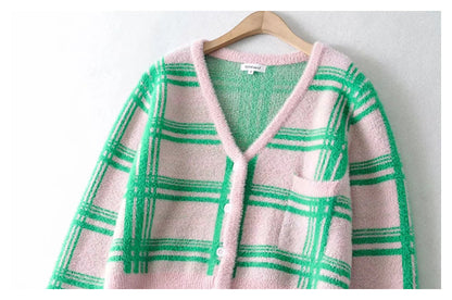 Plaid color matching knitted cardigan women's minority retro sweater coat  7185