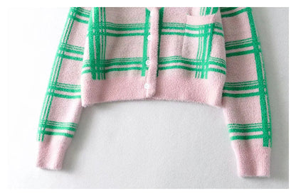 Plaid color matching knitted cardigan women's minority retro sweater coat  7185