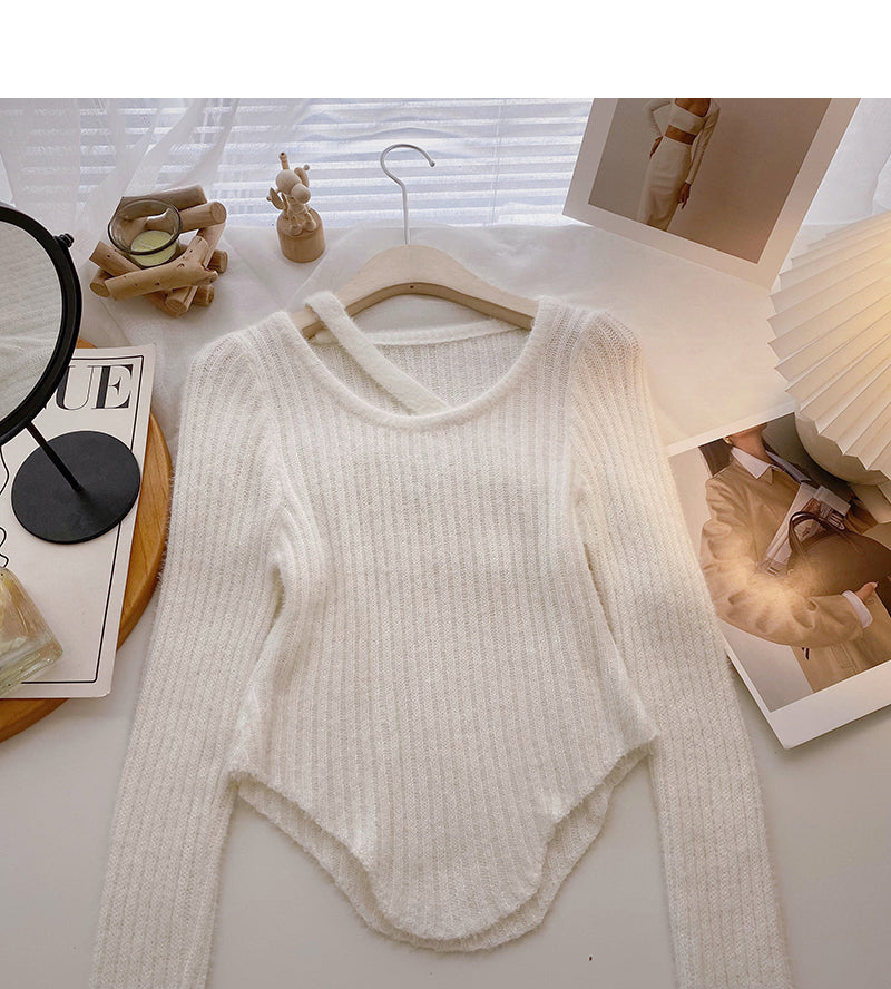 Korean round neck hollowed out irregular slim fitting short sweater  6089