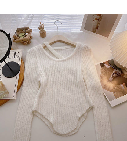 Korean round neck hollowed out irregular slim fitting short sweater  6089