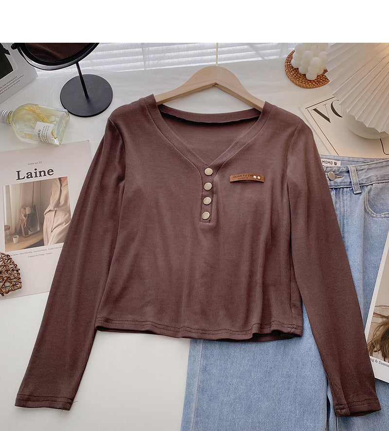 Design sense niche slim V-neck short knit top  6666