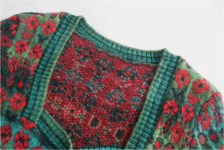 Sweater coat women's cardigan square neck Vintage contrast jacquard long sleeve knitting  7159