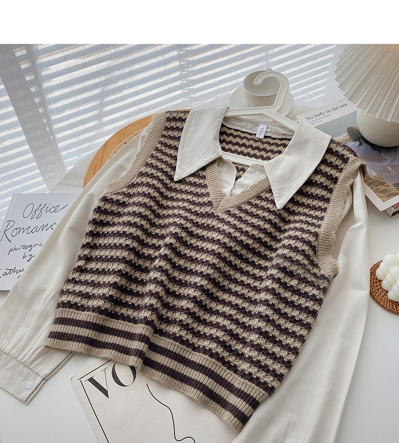 A trendy long sleeved shirt with small foreign style knitted stripe stitching  6331