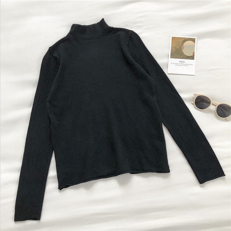 High neck sweater women's solid slim long sleeve Pullover Top  6454