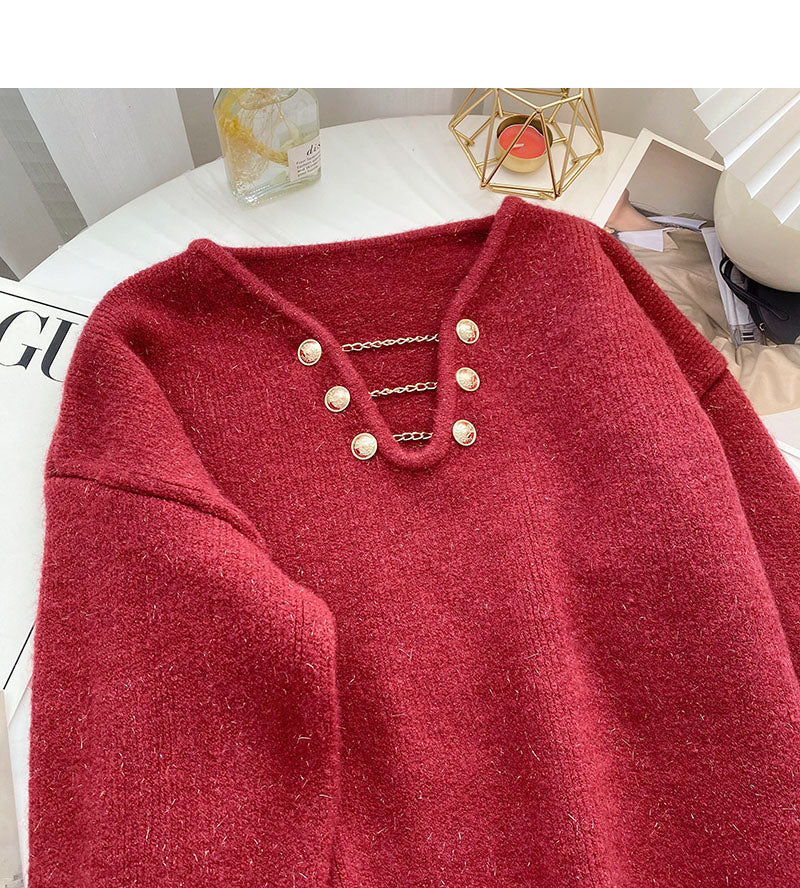 Niche design personalized V-neck bright silk long sleeve Pullover Top  6121