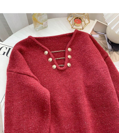 Niche design personalized V-neck bright silk long sleeve Pullover Top  6121