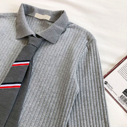 College Polo necktie knit slim long sleeve top  6447