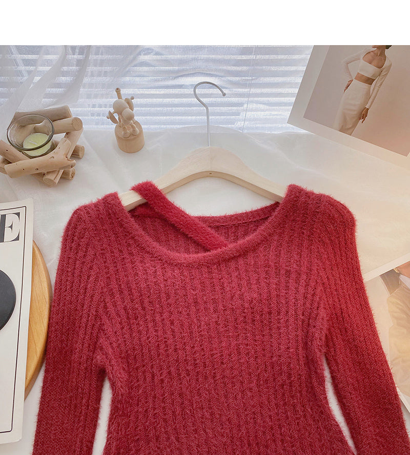 Korean round neck hollowed out irregular slim fitting short sweater  6089