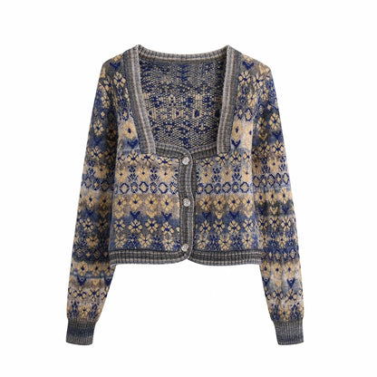 Sweater coat women's cardigan square neck Vintage contrast jacquard long sleeve knitting  7159