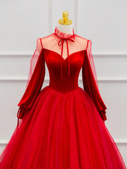 Red Velvet Tulle Floor Length Prom Dress, Beautiful Long Sleeve Evening Party Dress       fg4355