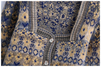 Sweater coat women's cardigan square neck Vintage contrast jacquard long sleeve knitting  7159