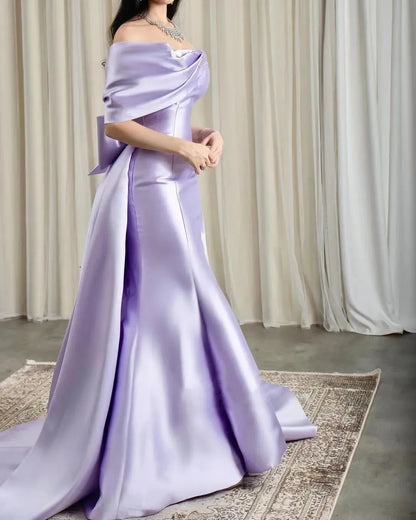 Lilac Pearls Evening Birthday Dress 2024 Off-The-Shoulder Mermaid Sweep Train Bow Satin Formal Prom Gowns       fg4285