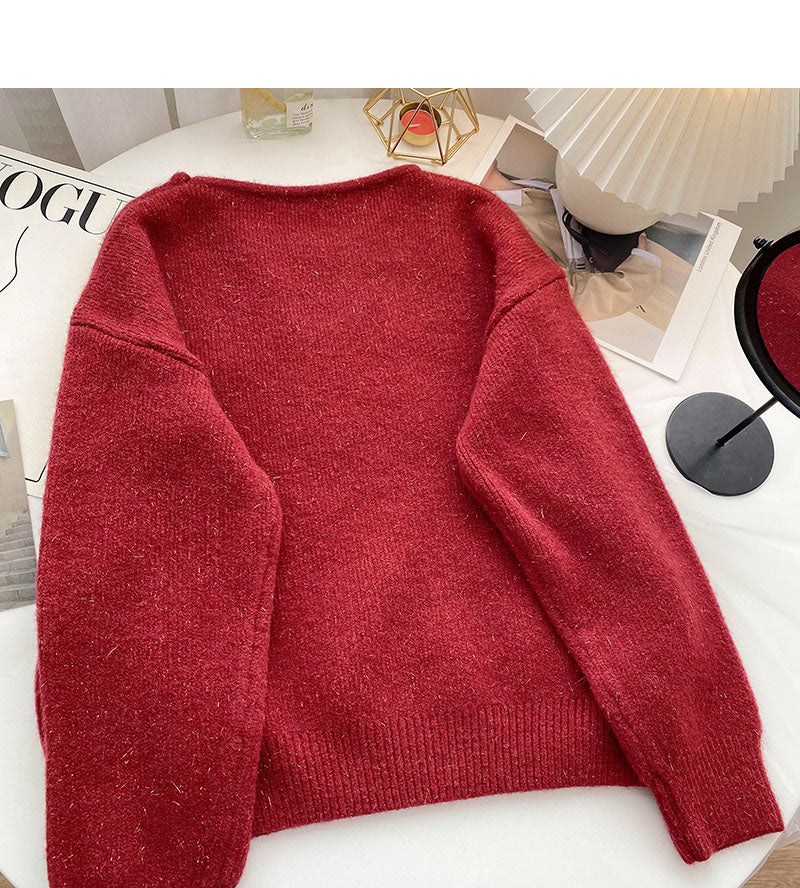 Niche design personalized V-neck bright silk long sleeve Pullover Top  6121