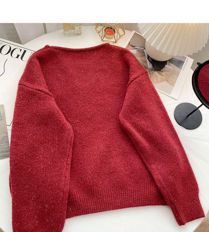 Niche design personalized V-neck bright silk long sleeve Pullover Top  6121