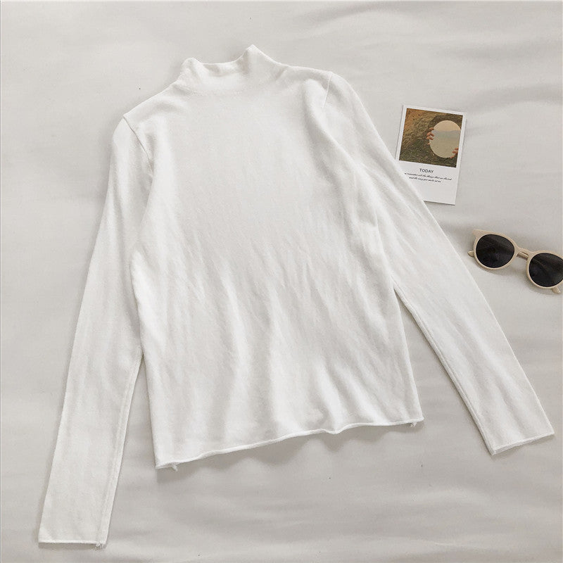 High neck sweater women's solid slim long sleeve Pullover Top  6454
