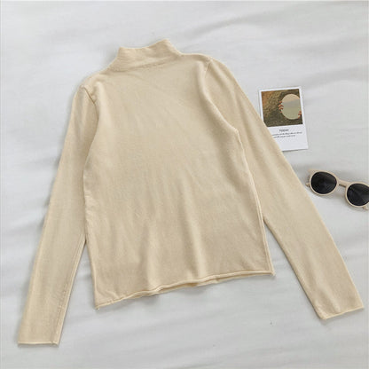 High neck sweater women's solid slim long sleeve Pullover Top  6454