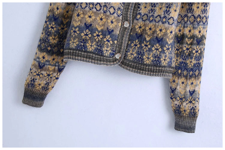 Sweater coat women's cardigan square neck Vintage contrast jacquard long sleeve knitting  7159