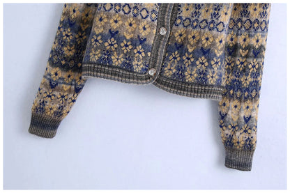 Sweater coat women's cardigan square neck Vintage contrast jacquard long sleeve knitting  7159