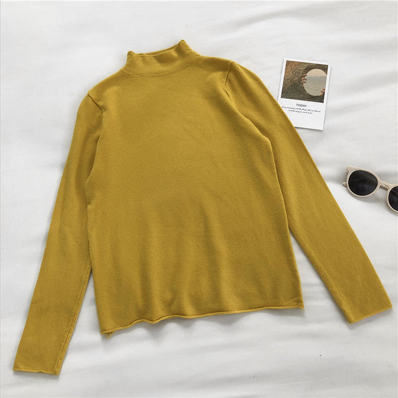 High neck sweater women's solid slim long sleeve Pullover Top  6454
