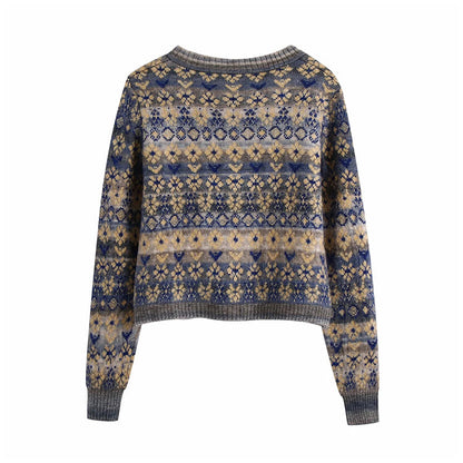 Sweater coat women's cardigan square neck Vintage contrast jacquard long sleeve knitting  7159