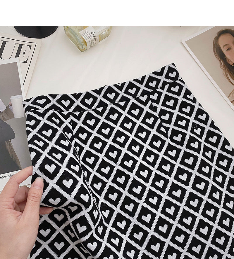 Retro personality love check color contrast slim high waist A-line skirt  5362