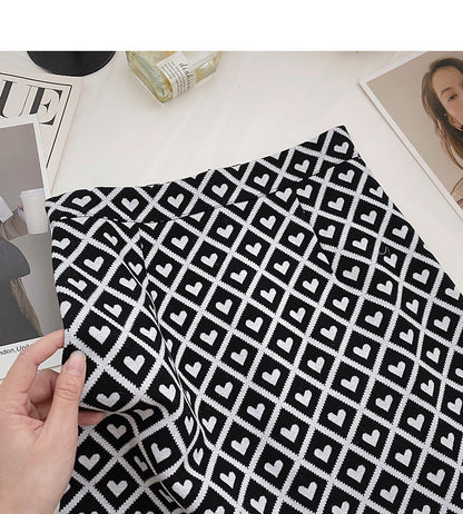 Retro personality love check color contrast slim high waist A-line skirt  5362