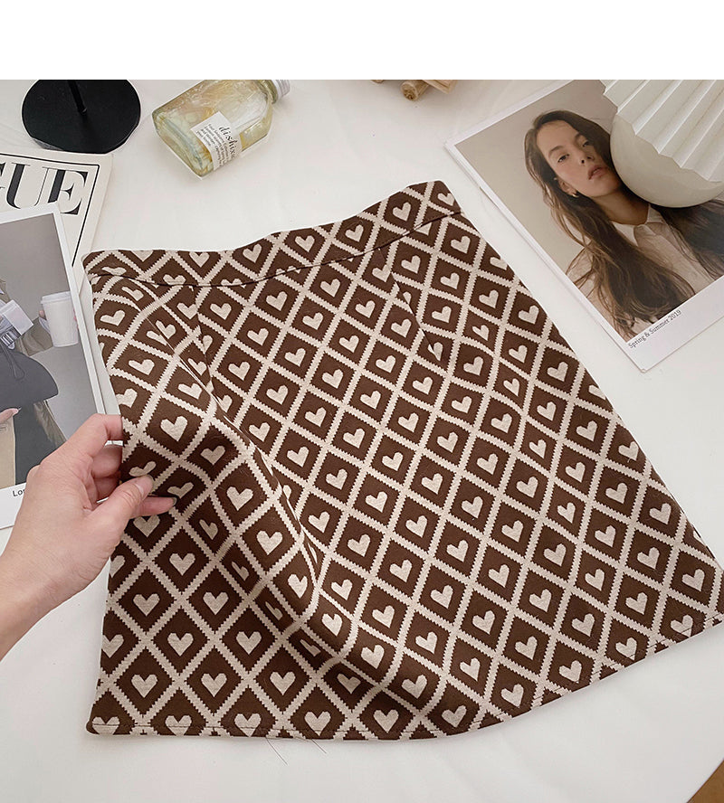 Retro personality love check color contrast slim high waist A-line skirt  5362