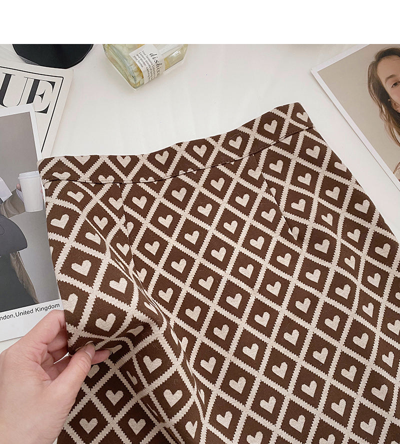 Retro personality love check color contrast slim high waist A-line skirt  5362