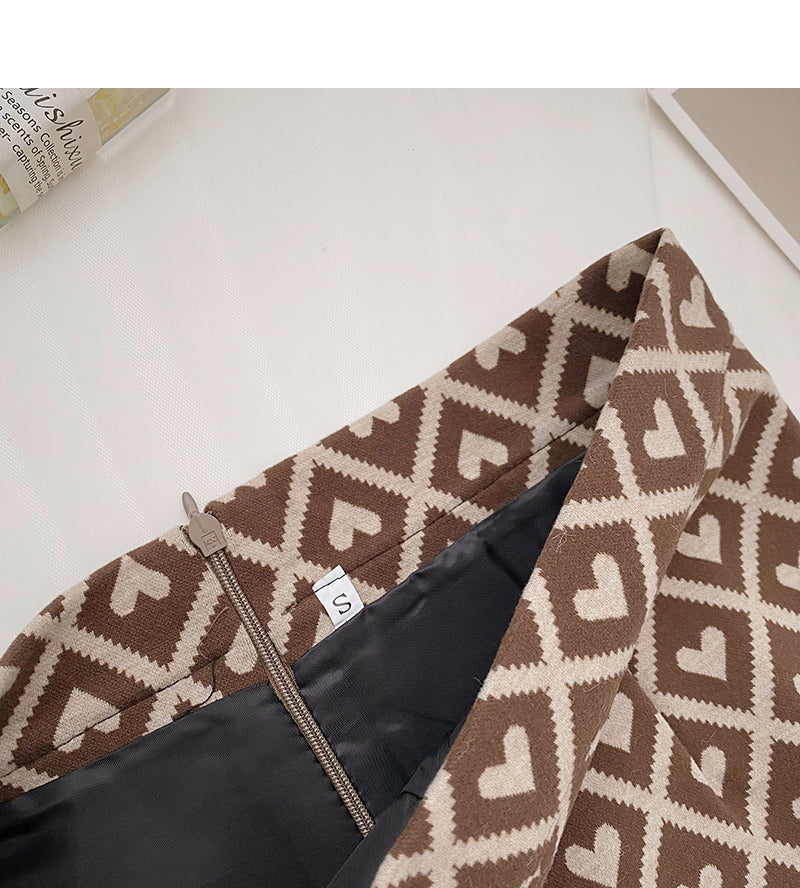 Retro personality love check color contrast slim high waist A-line skirt  5362