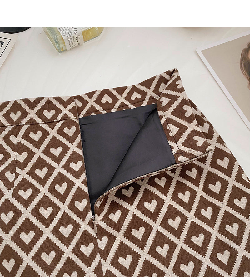 Retro personality love check color contrast slim high waist A-line skirt  5362