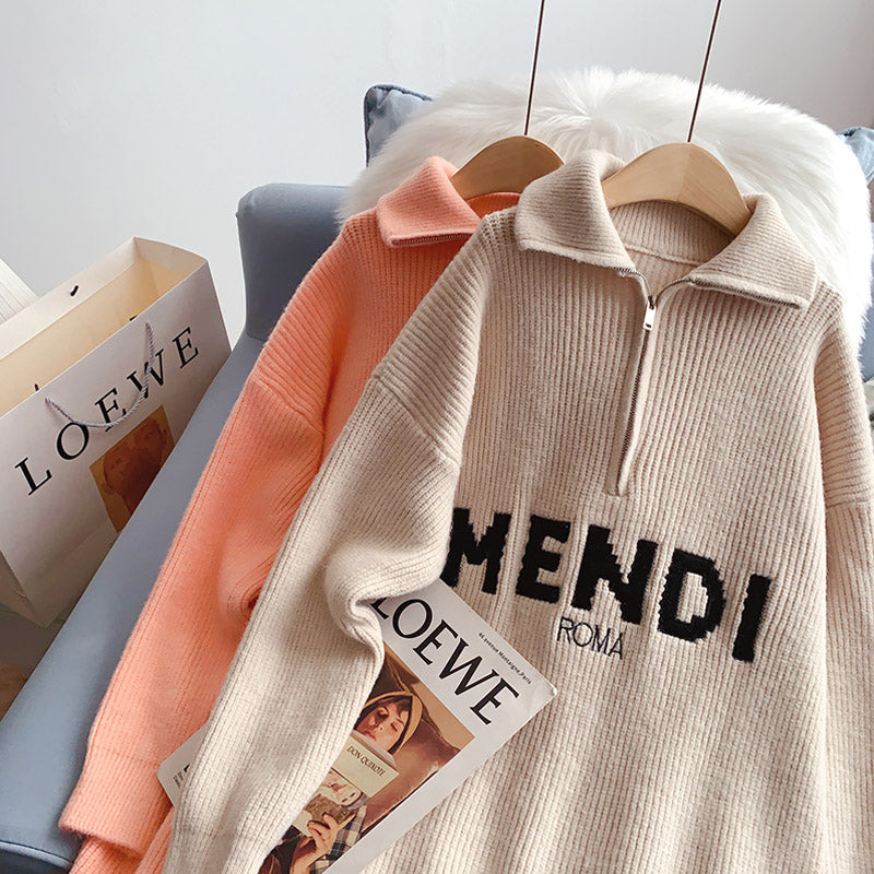 Design sense high neck zipper sweater head Lapel sweater  5195