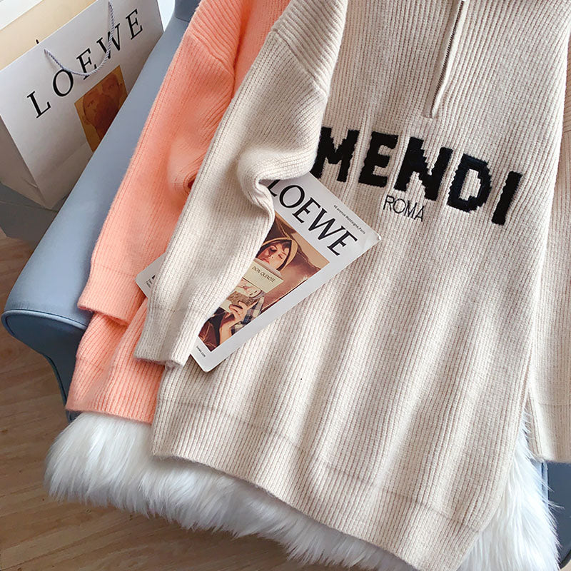 Design sense high neck zipper sweater head Lapel sweater  5195