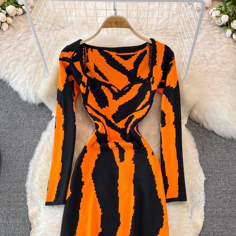 Zebra jacquard knitted square neck dress tight Hip Wrap Skirt  3760