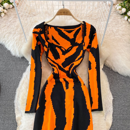 Zebra jacquard knitted square neck dress tight Hip Wrap Skirt  3760