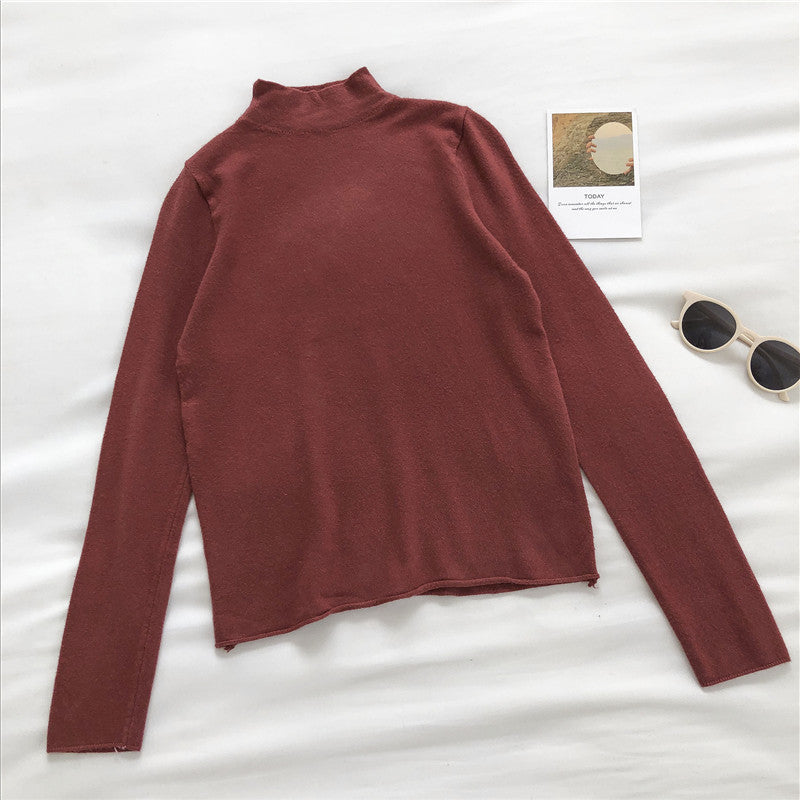 High neck sweater women's solid slim long sleeve Pullover Top  6454