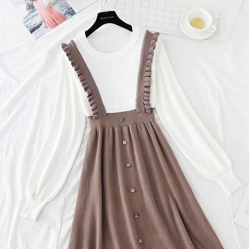 New suspender fake two pieces of small fragrance french wool dress  3904