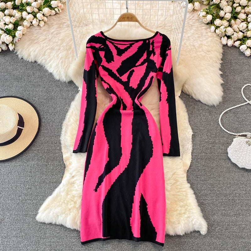 Zebra jacquard knitted square neck dress tight Hip Wrap Skirt  3760