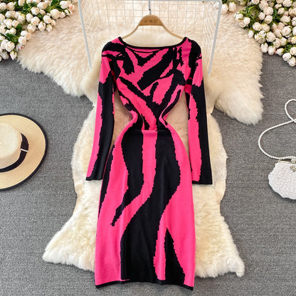 Zebra jacquard knitted square neck dress tight Hip Wrap Skirt  3760