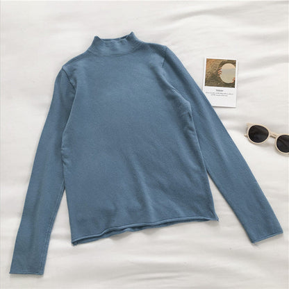 High neck sweater women's solid slim long sleeve Pullover Top  6454