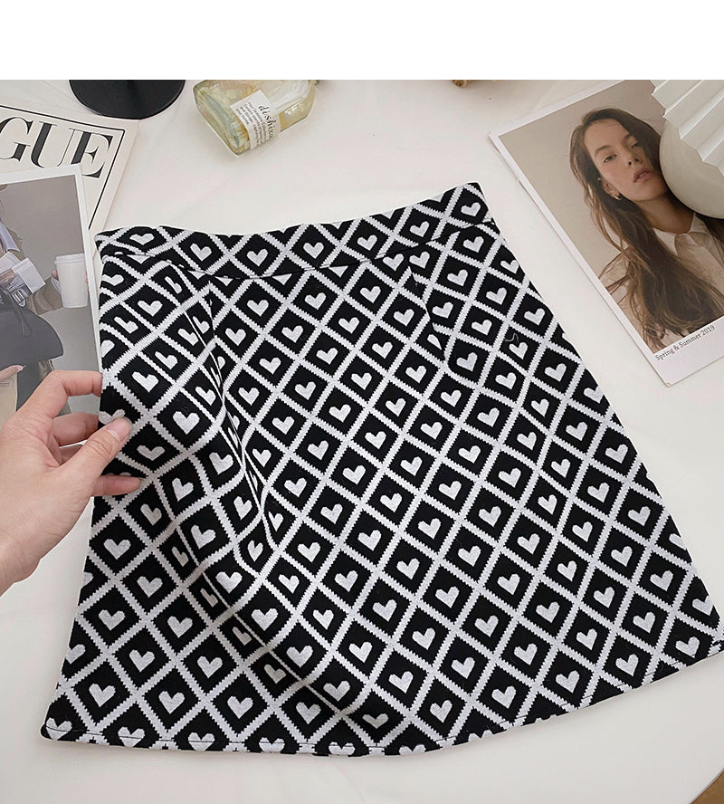 Retro personality love check color contrast slim high waist A-line skirt  5362