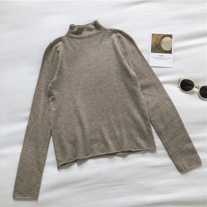 High neck sweater women's solid slim long sleeve Pullover Top  6454