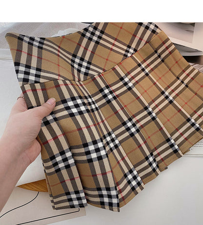 Khaki pleated skirt women's high waist A-line plaid skirt  5314