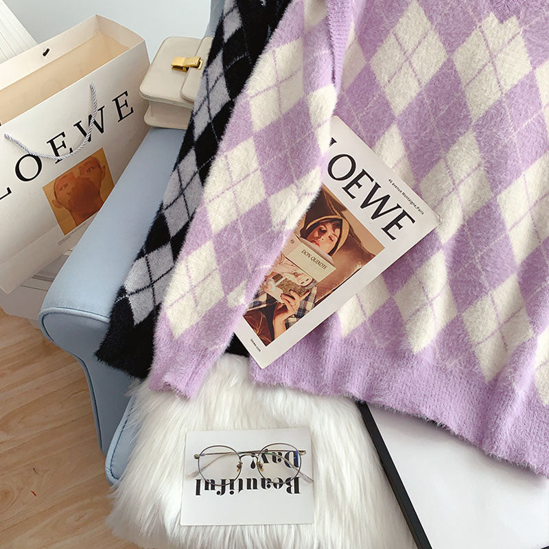 Sweet lazy wind imitation mink velvet checkered sweater  5006