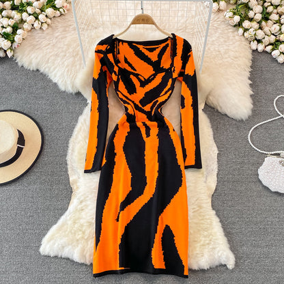 Zebra jacquard knitted square neck dress tight Hip Wrap Skirt  3760