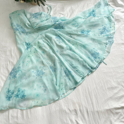 Sexy Mermaid Spaghetti Straps Floral Blue Summer Dress Holiday Party Outfits For Women DP0085