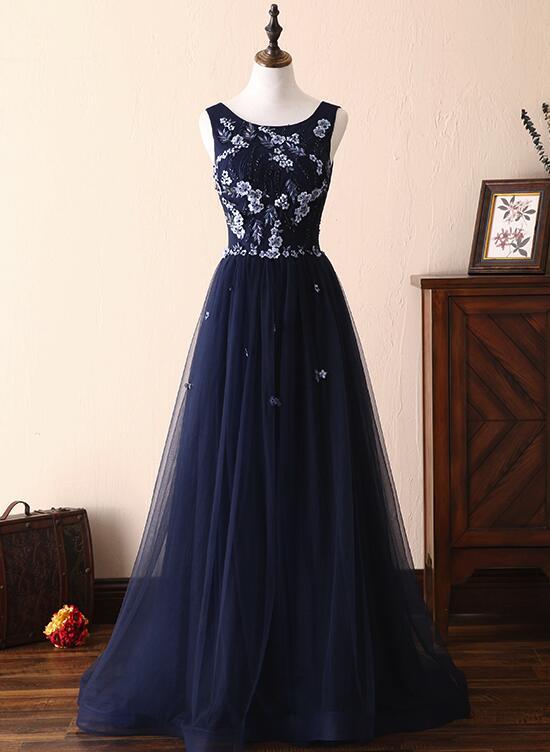 Charming Round Neck Beaded Navy Blue Tulle Prom Dress Evening Dress SH1678
