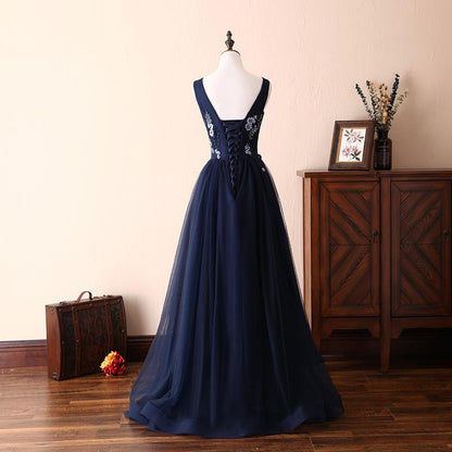 Charming Round Neck Beaded Navy Blue Tulle Prom Dress Evening Dress SH1678
