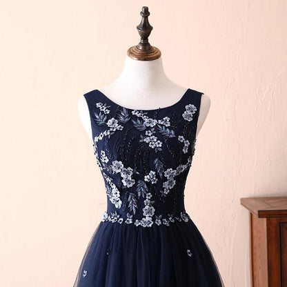 Charming Round Neck Beaded Navy Blue Tulle Prom Dress Evening Dress SH1678