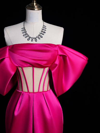 Simple Mermaid Off-the-shoulder Rose Red Satin Long Prom Dress Evening Dress SH1673