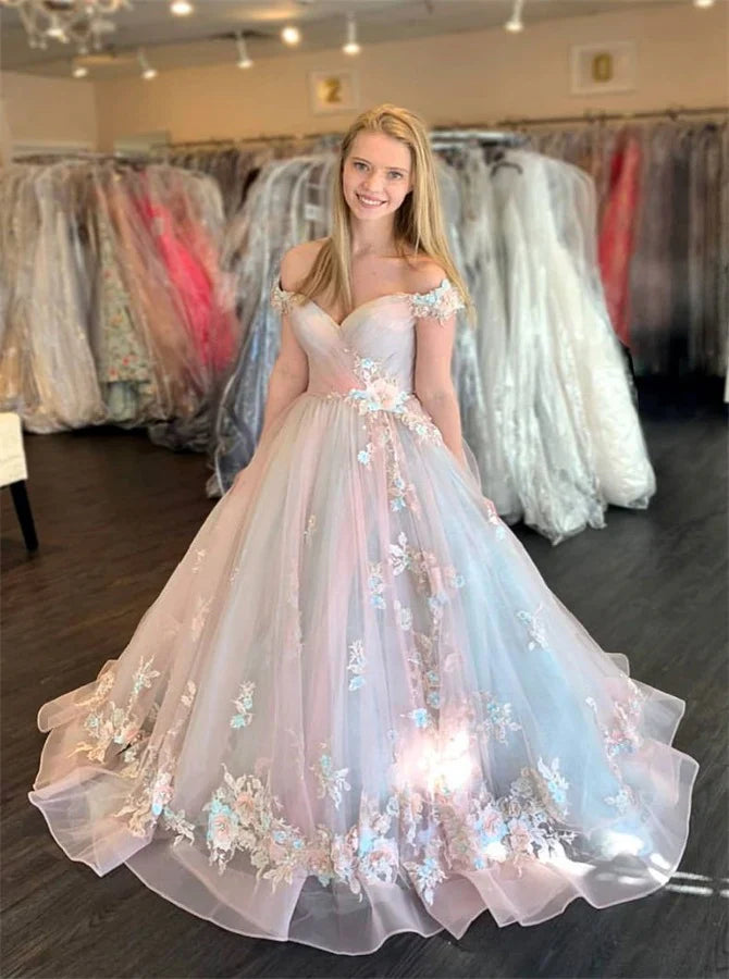 Pink strapless delicate floral applique long tulle fairy princess ball gown evening dress coming of age ceremony dress gh2278